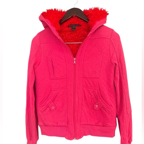 Marc By Marc Jacobs S Y2K vibe Pink Hoodie Sweatshirt with red faux fur hood GUC - Picture 1 of 16